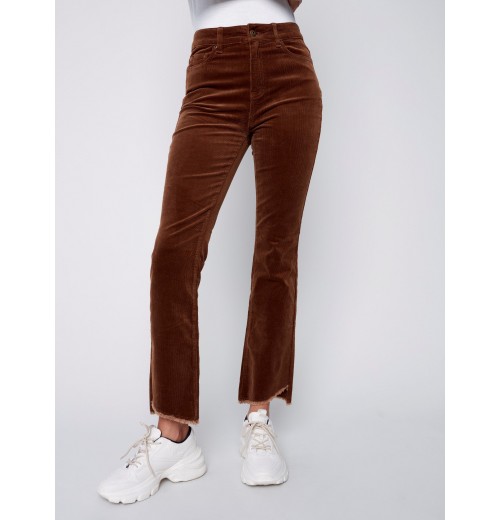 Bootcut Corduroy Pants with Asymmetrical Fringed Hem - Truffle