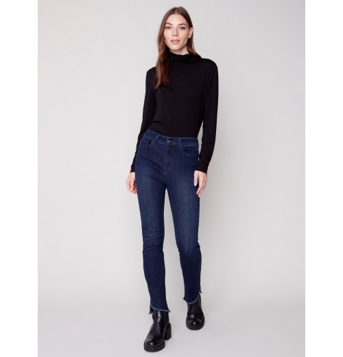 Bootcut Jeans with Asymmetrical Fringed Hem - Blue Black