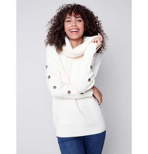 Cowl Neck Sweater with Button Detail - Ecru