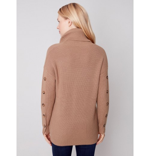 Cowl Neck Sweater with Button Detail - Truffle