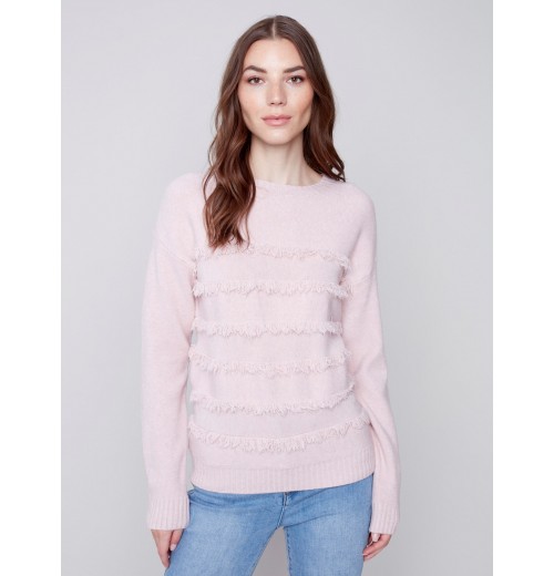 Crew Neck Sweater with Frayed Detail - Powder