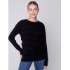 Crew Neck Sweater with Frayed Detail - Black