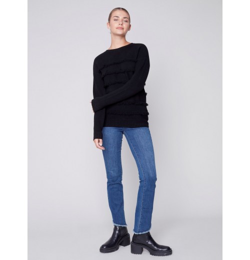 Crew Neck Sweater with Frayed Detail - Black