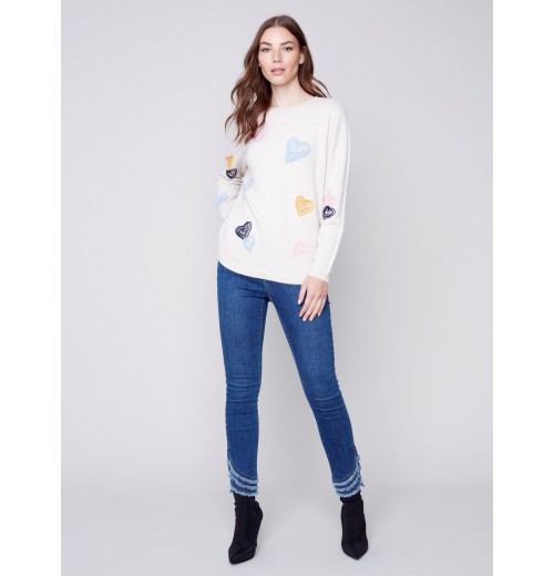 Embroidered Hearts Sweater - Ecru