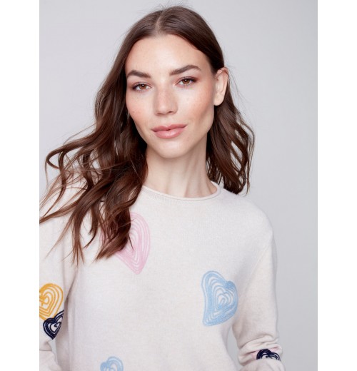 Embroidered Hearts Sweater - Ecru