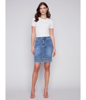 Embroidered Hem Denim Skort - Medium Blue