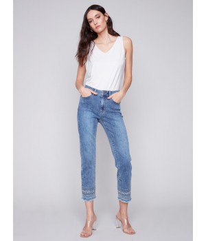 Embroidered Hem Jeans - Medium Blue