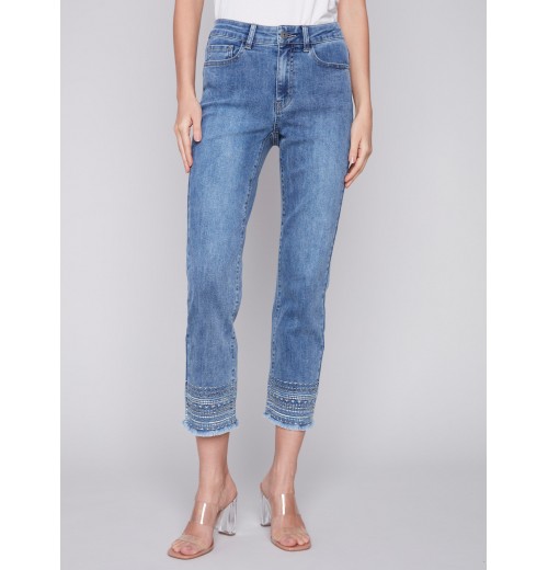 Embroidered Hem Jeans - Medium Blue