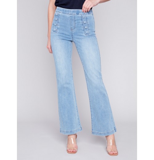 Flare Jeans with Decorative Buttons - Light Blue