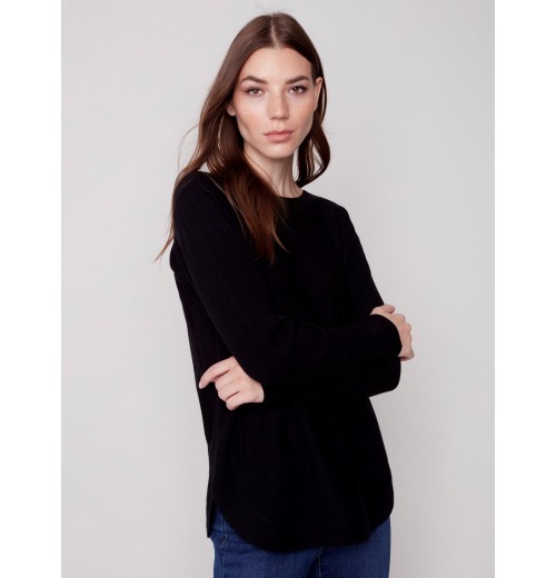 Knit Sweater with Back Lace-up Detail - Black