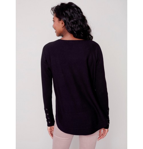 Knit Sweater with Lace-up Cuffs - Black