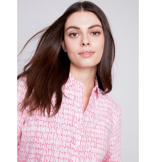 Linen Blend Button-Down Shirt - Flamingo