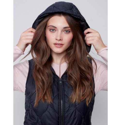 Long Quilted Puffer Vest with Hood - Black