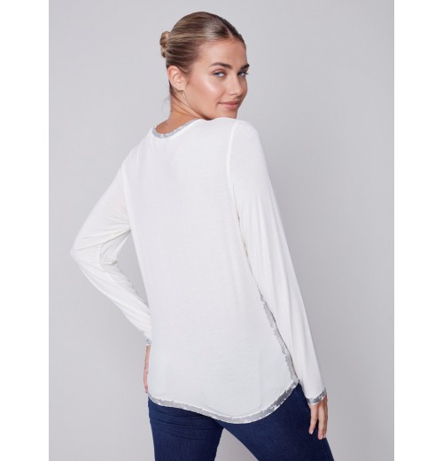 Long-Sleeved Top with Foil Print Detail - Cream