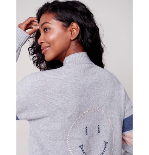 Mock Neck Sweater with Smiley Stitching - Gray