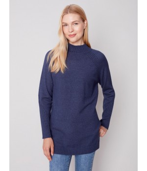 Mock Neck Tunic Sweater - Denim