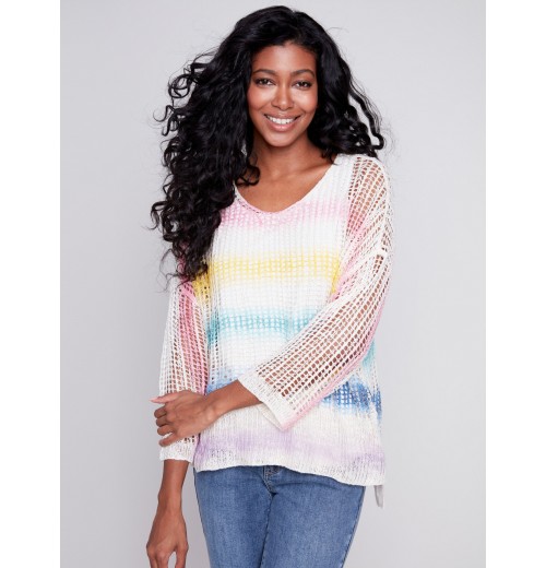 Printed Fishnet Crochet Sweater - Rainbow