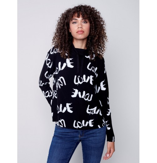 Printed Ottoman Cotton Funnel Neck Sweater - Black & White