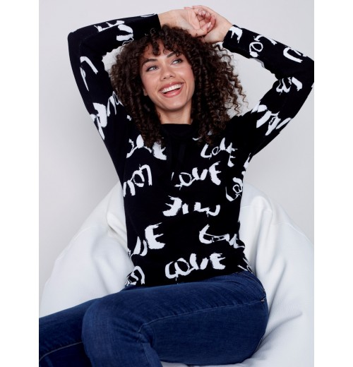 Printed Ottoman Cotton Funnel Neck Sweater - Black & White