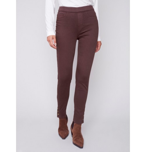 Pull-On Twill Pants with Snap Button Hem - Chocolate