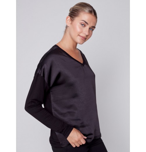 Satin and Jersey Knit Top - Black