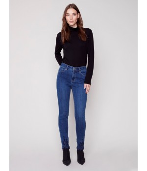 Skinny Jeans with Embroidered Scalloped Hem - Blue Jean