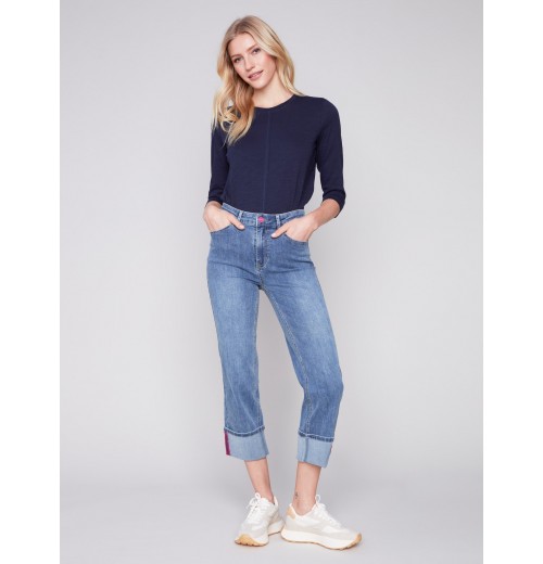 Straight Leg Jeans with Folded Cuff - Medium Blue