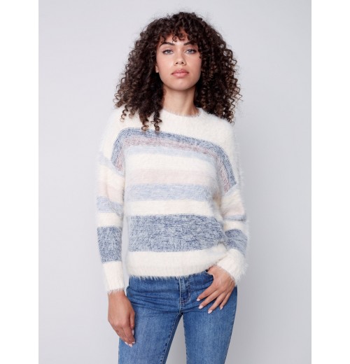 Striped Hairy Yarn Sweater - Multicolor