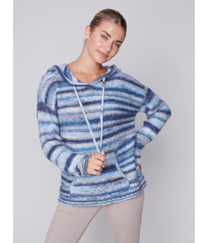 Striped Hooded Sweater with Kangaroo Pocket - Denim