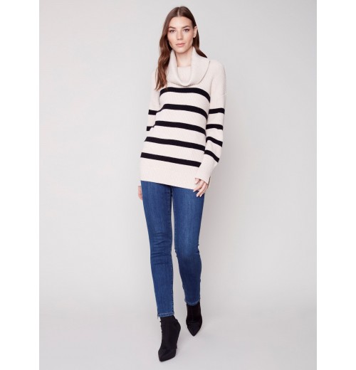 Striped Sweater with Cowl Neck - Almond