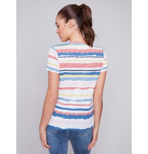 Striped V-Neck Linen T-Shirt - Pastel