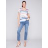 Striped V-Neck Linen T-Shirt - Pastel