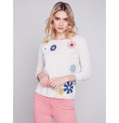 Sweater with Flower Patches - Beige