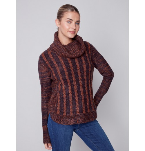 Two-Toned Cable Knit Cowl Neck Sweater - Cinnamon