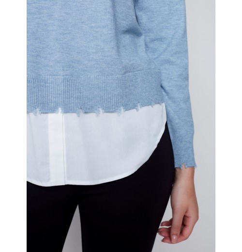 V-Neck Sweater with Shirt Collar - Snowflake