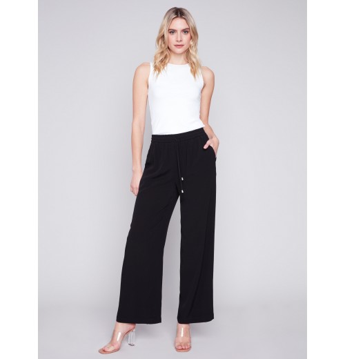 Wide Leg Pants with Drawstring - Black