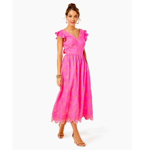 Lillyanne Flutter Sleeve Eyelet Midi Dress